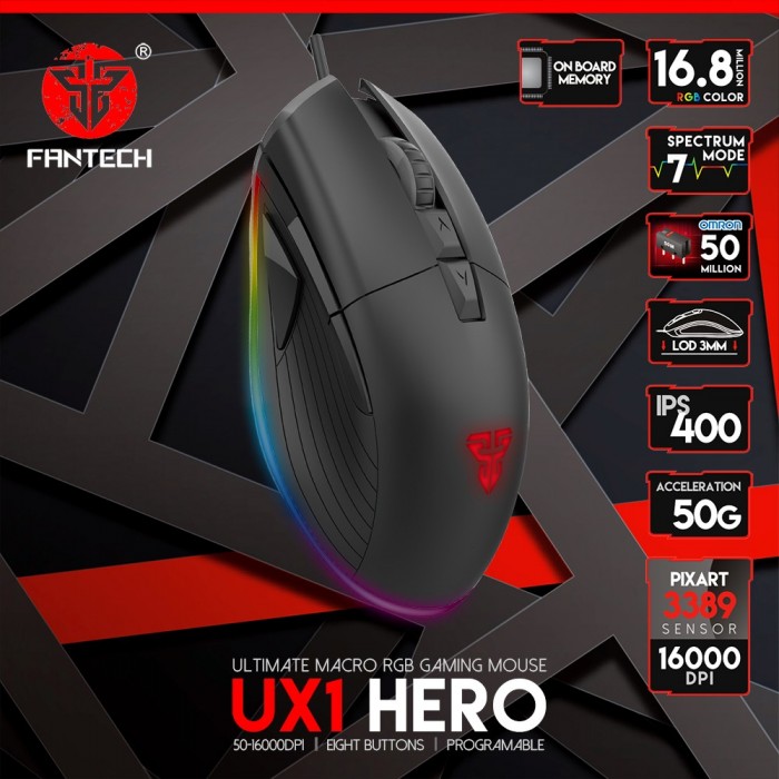 FANTECH MOUSE GAMING UX1 HERO 16000 DPI 8 BUTTONS RGB